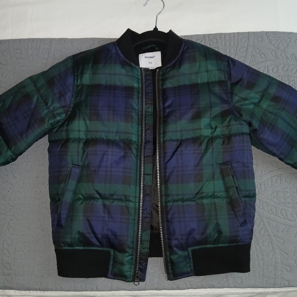 Old Navy Kids Plaid Puffer Jacket - Green and Blue, Size Medium (8) EUC